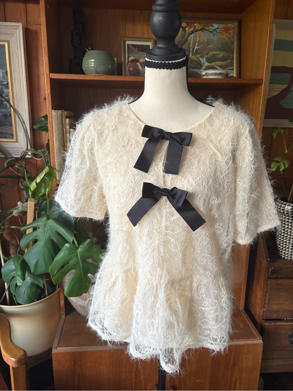 Joie Fuzzy Lace Romantic Bow Front Blouse NWT L